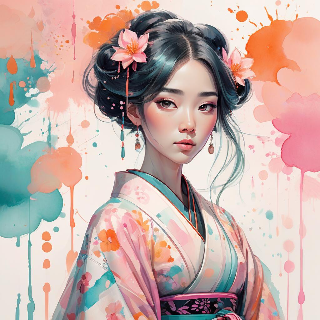  concept art an asian woman wearing an intricate kimono, digital watercolor painting, paint splatter, long hair, bold brush strokes, pale skin, bright colors on white background, pink peach orange teal black color palette, symmetrical, bold eyeshadow, adorable, cute, pixar style painting, art nouveau . digital artwork, illustrative, painterly, matte painting, highly detailed