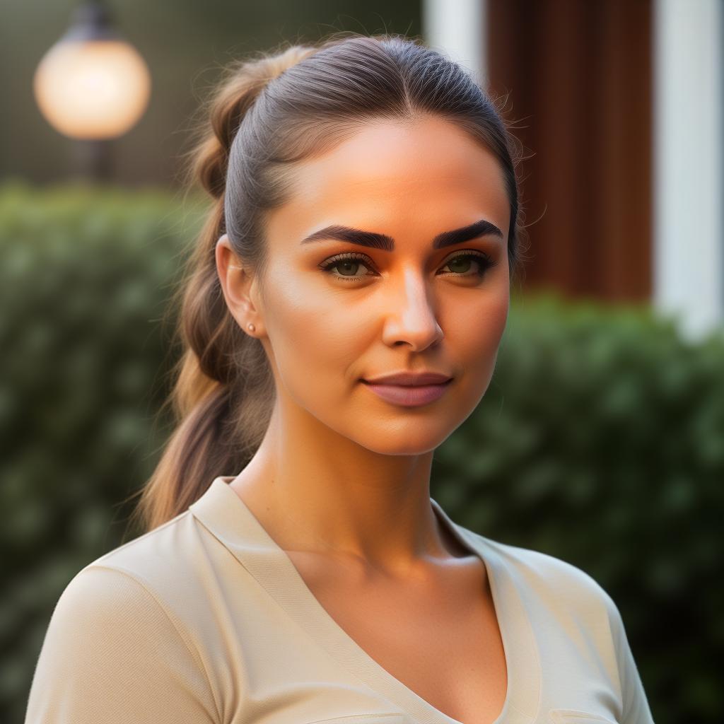  (((realistic full torso frontal head shot of a light beige to medium tan skin tone woman))), angelika sophie walter, ((caucasian heritage)), immature face, hazel eye color, ((ponytail hair style)), ((black hair color)), ((athletic body type)), medium size, size, (immature wide nose), (immature round cheeks), (immature soft jawline), (immature full lips), (immature medium forehead), (immature even eyebrows), (immature dimpled chin), standing straight looking directly into the camera,((wearing fitted polo shirt with deep v neck and monogrammed pocket)), backyard in background, 1girl, best quality, highest quality, award winning photo, masterpiece, raw, professional photography, photorealism, sharp focus, cinematic, high hyperrealistic, full body, detailed clothing, highly detailed, cinematic lighting, stunningly beautiful, intricate, sharp focus, f/1. 8, 85mm, (centered image composition), (professionally color graded), ((bright soft diffused light)), volumetric fog, trending on instagram, trending on tumblr, HDR 4K, 8K