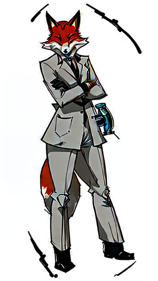  full length, anthropomorphic fox scientist, collaborator in white coat and black boots, 2d