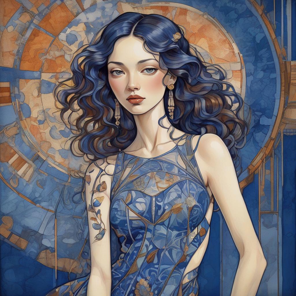  portrait of a beautiful sensual oriental woman transparent dress floreal fantasy imperial colors in art nouveau by wlad safronow, by annigoni, egon schiele, milo manara, botticelli, catrin welz stein, jean metzinger, klimt, perfect eyes, perfect handsface, highly detailed, william morris background, complementary colors, hyper detailed. watercolor and ink splatter, dynamic pose, dark blue background , trending on artstation, sharp focus, studio photo, intricate details, highly detailed, by greg rutkowski