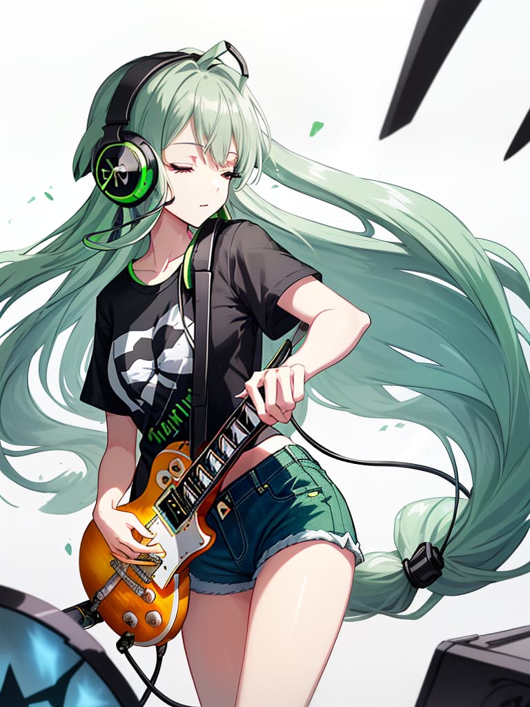  (white background:1.3),(extremely detailed fine touch:1.3),(hard light,studio light,light rays,dappled light,reflection,shadows,ray tracing:1.0),///,,(((green very long hair:1.3))),headphone,forehead,having a bird's eye view,anime style,super fine ilration,highly detailed,dynamic angle,beautiful detailed,8k,on stage break a woman,(((headphone:1.3))),on both ,strumming an electric guitar. she arches her back,closes her eyes and looks joyful. break a spotlight shines on her,(t shirt:1.3),(denim shorts:1.3),(black les paul custom:1.3)