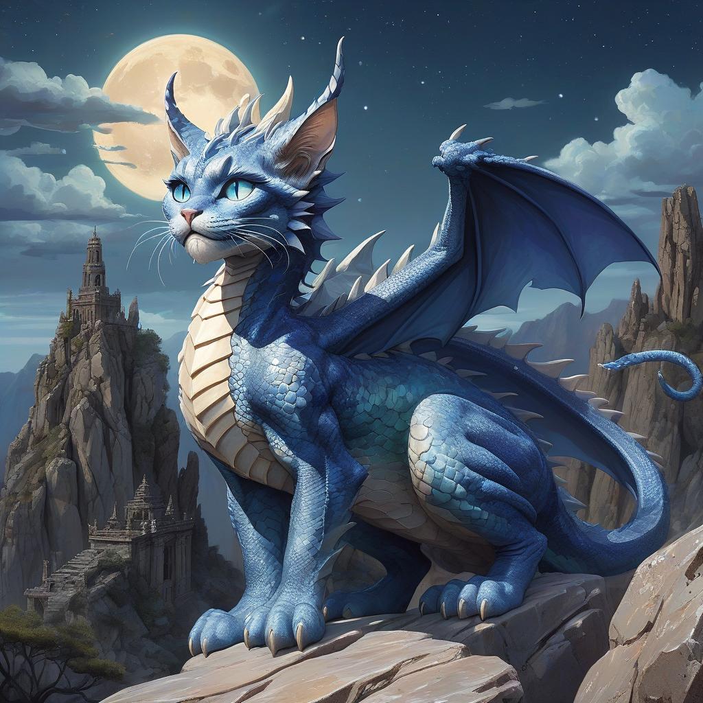  watercolor painting (top quality:1.5), (masterpiece:1.4), (photo art style:1.3), dragon cat hybrid, shimmering scales, mesmerizing blue eyes, gleaming sharp claws, proudly stands on a rugged boulder, starry sky twinkling above, regal, guarding, observing, roaring, prowling, captured from a dramatic high angle view, digital painting technique, inspired by kim jung gi, brian froud, katsuya terada, surrealism, dark fantasy, rocky mountainous landscape with ancient ruins, ultra high detailed, 8k resolution, photorealistic, ultra realistic, celestial lighting style, cosmic color palette, enchanting visual effects, advanced artistic level, fusion of impressionism, art nouveau styles, currently trending on instagram. . vibrant, beautiful, painterl