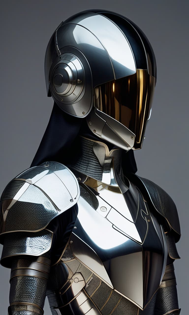  faceless androgynous droid. dressed in high tech but medieval style mirrorscale armor over mirrored scale mail and sleek high tech full face helmet with mirrored visor,