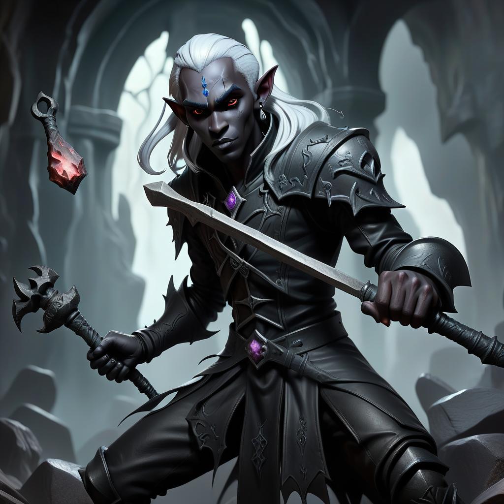  macabre style drow male elf cleric, simble plain black leather jacket, simple iron battle mace, dark cave temple . dark, gothic, grim, haunting, highly detailed, civitai, hkmagic