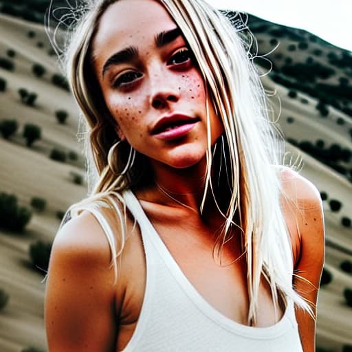  Charly Jordan, a close up of a woman with a white tank top and earrings, white tank top, white halter top, young woman, white long tanktop, broad, beautiful young woman, with dyed hair, beauty mark on cheek, beautiful , a gorgeous , with freckles, cute freckles, wearing a low cut tanktop, beautiful woman