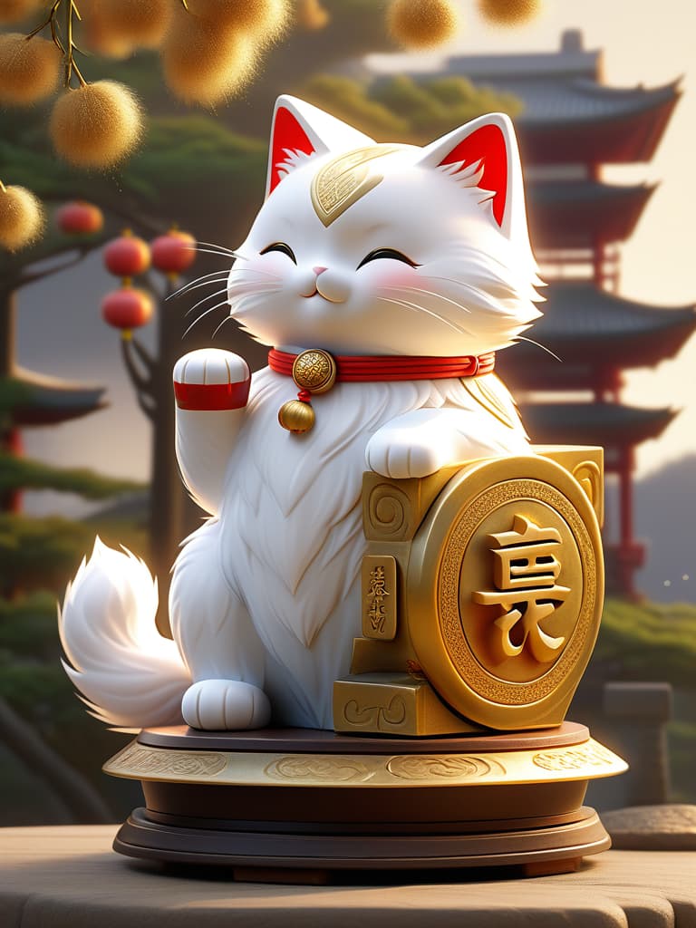  "a radiant maneki neko (lucky cat) sitting proudly on a platform, with one paw raised high, beckoning wealth and good fortune. the cat's glossy white fur contrasts with its vibrant red collar, adorned with a golden bell, while its other paw holds a shiny gold coin engraved with symbols of prosperity. surrounding the cat are sparkling gold coins and traditional japanese elements like paper lanterns and small bonsai trees. the cat’s eyes gleam with happiness, and soft golden light surrounds the scene, creating a warm, inviting atmosphere filled with luck and abundance." photo realistic, highly intricate and detailed, masterpiece, ultra high res,photography,8k resolution