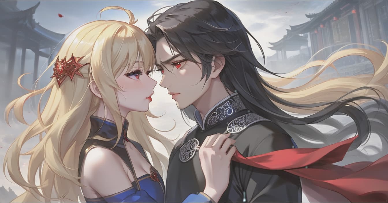  breathtaking realistic photo, two people, a character from the novel “system save yourself for the main hero”, lo binghe, a young man in black. long black hair to the waist, red eyes, demonic mark on the forehead, next to him a girl is blonde, blonde hair to the shoulder blades, european face type, light skin, blue eyes, plump lips, small tummy at the bottom at the waist kiss . award winning, professional, highly detailed, hkmagic