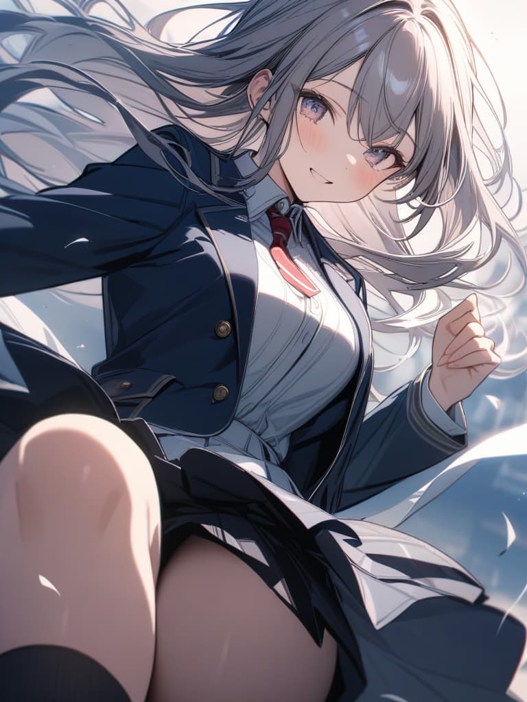  smile girl, dark blue blazer, uniform, mini , long hair, cute, dark blue high socks, masterpieces, fluctuations in the wind, jumping, masterpiece, best quality,8k,ultra detailed,high resolution,an extremely delicate and beautiful,hyper detail