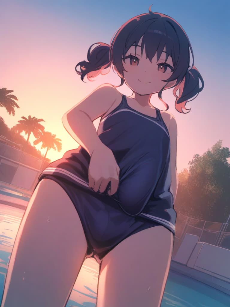  women's elementary students (male), twin tails, cute smiles, (rich s), short stature, dark blue swimwear, old swimwear, swimwear, simple, (upward), upward, (bulge), front, whole body, pool side ,,,