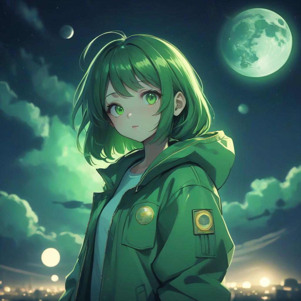  anime style girl in a green jacket, green color, night, bright light, flying saucer in the sky, full moon