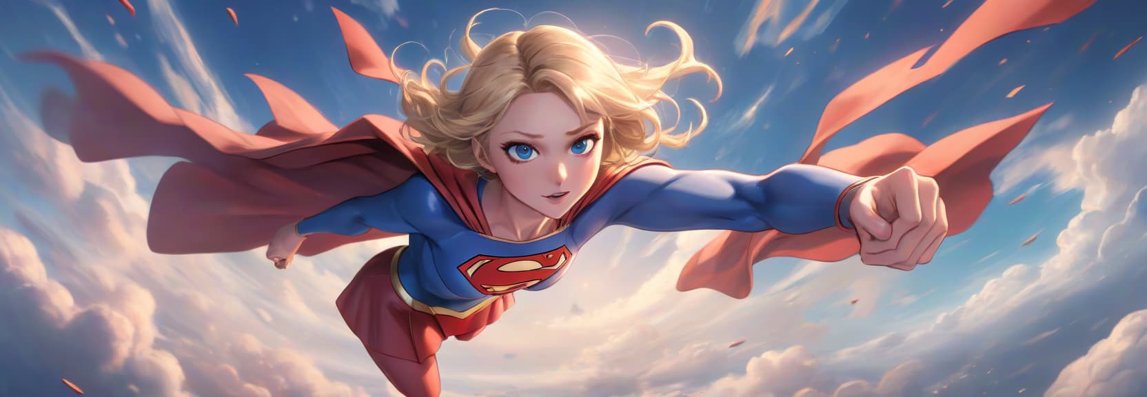  anime artwork dynamic supergirl is flying through the sky with one hand looking forward . anime style, key visual, vibrant, studio anime, highly detailed