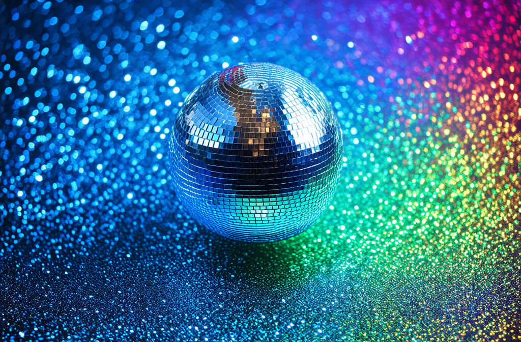  professional detailed photography, disco ball with silver confetti on iridescent background ar 3:2, (muted colors, dim colors, soothing tones), (vsco:0.3)