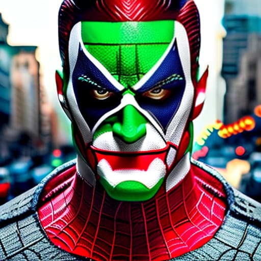 wa-vy style Spider-Man/Joker combined comic book character, close-up portrait hyperrealistic, full body, detailed clothing, highly detailed, cinematic lighting, stunningly beautiful, intricate, sharp focus, f/1. 8, 85mm, (centered image composition), (professionally color graded), ((bright soft diffused light)), volumetric fog, trending on instagram, trending on tumblr, HDR 4K, 8K