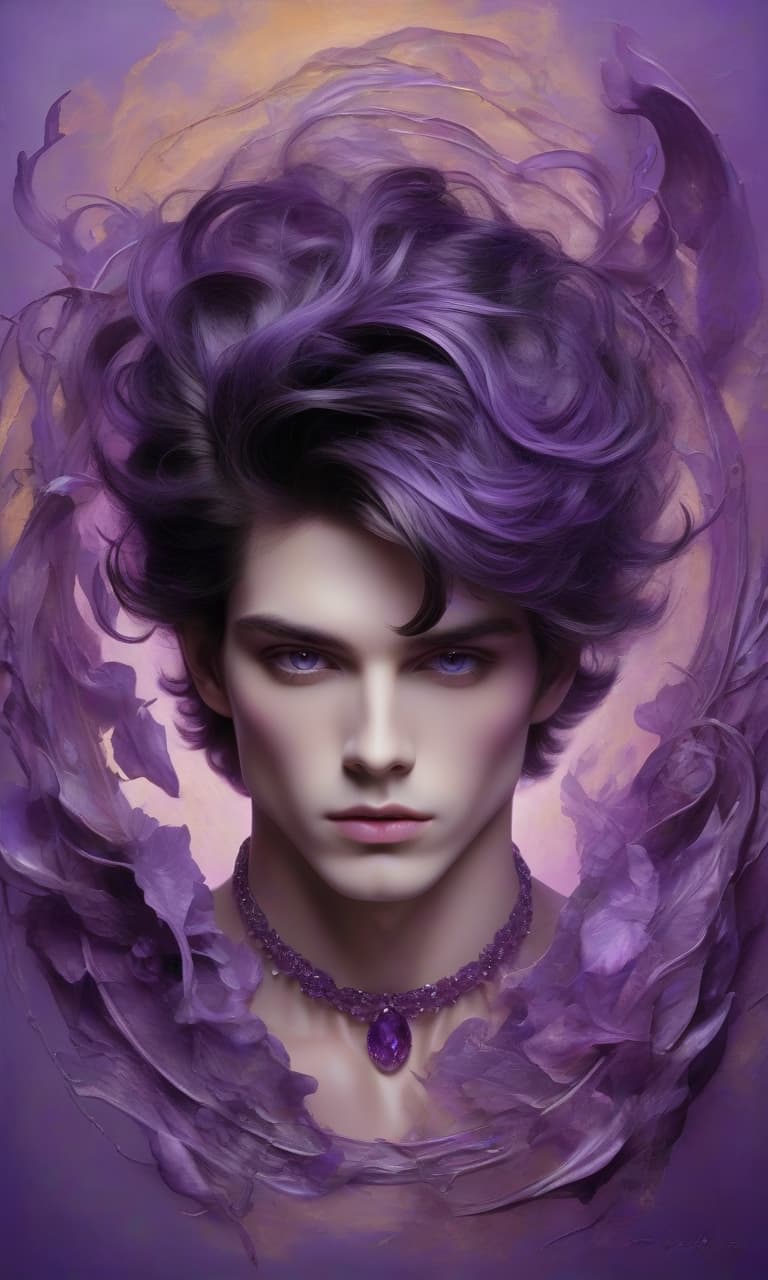  mystical male portrait radiating unearthly charm: porcelain skin, almond shaped violet eyes, dark hair adorned with bright violet jewelry. bright lips framed in a dreamy haze against a warm glowing background create a fantastic atmosphere of elegance and beauty. create an ethereal male portrait with a mystical aura. he has clear skin, large almond shaped violet eyes and full lips of a soft neutral shade. his face is framed by a mass of dark hair transitioning into bright violet jewelry, including a large one on the right side of the composition. jewelry of various sizes intertwine with his elements that give the impression of movement around his head, as if carried by a light breeze. the background is a textured gradient with deep, cool am