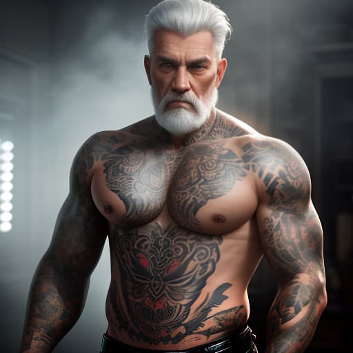  tattooed grandfather hyperrealistic, full body, detailed clothing, highly detailed, cinematic lighting, stunningly beautiful, intricate, sharp focus, f/1. 8, 85mm, (centered image composition), (professionally color graded), ((bright soft diffused light)), volumetric fog, trending on instagram, trending on tumblr, HDR 4K, 8K