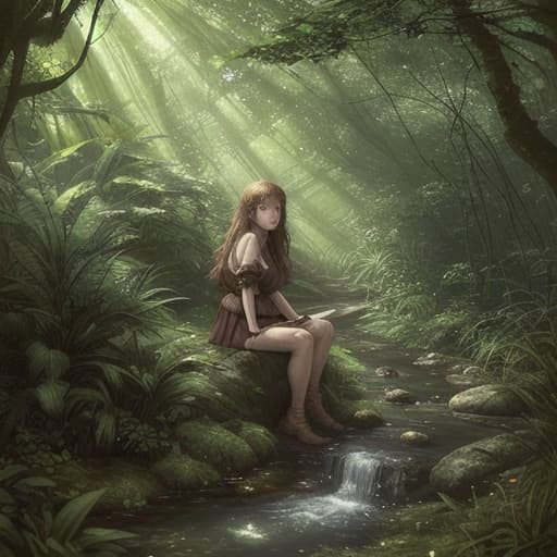  young, loli, 80's fantasy art, A secluded spot next to a small stream in a dense forest. The area has thick vegetation providing good cover and a sense of security. The water in the stream is clear and cool, ideal for drinking and washing. Sunlight filters through the trees, creating a tranquil and beautiful atmosphere. A young woman with brown messy hair and brown-green eyes is in the scene, looking around the area contemplatively, thinking about setting up her shelter.