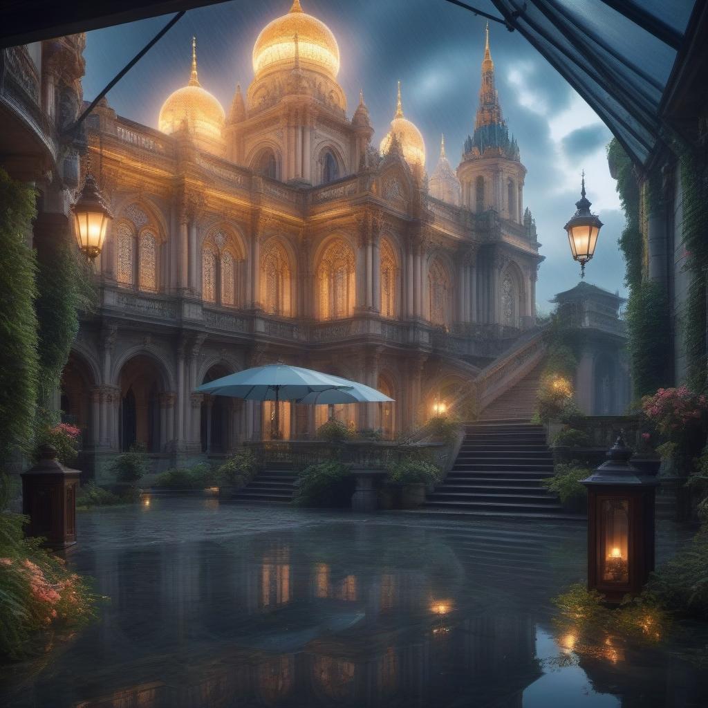  Beautiful deserted fairy-tale landscape, beautiful architecture, cloudy sky, puddles, reflections, rain hyperrealistic, full body, detailed clothing, highly detailed, cinematic lighting, stunningly beautiful, intricate, sharp focus, f/1. 8, 85mm, (centered image composition), (professionally color graded), ((bright soft diffused light)), volumetric fog, trending on instagram, trending on tumblr, HDR 4K, 8K