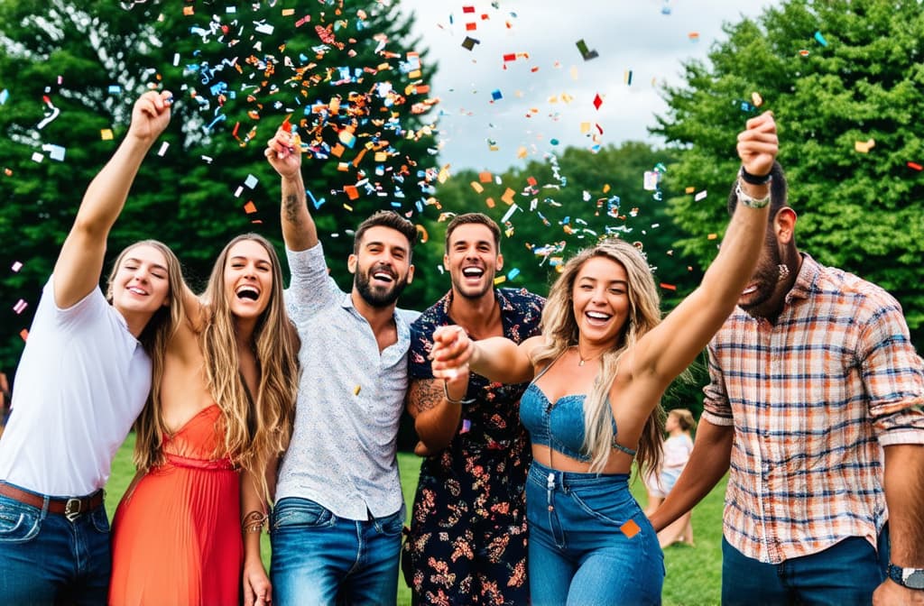  professional detailed photography, group of friends having fun at summer party throwing confetti in the air, young multiracial hipsters having fun on weekend outdoors ar 3:2, (muted colors, dim colors, soothing tones), (vsco:0.3)