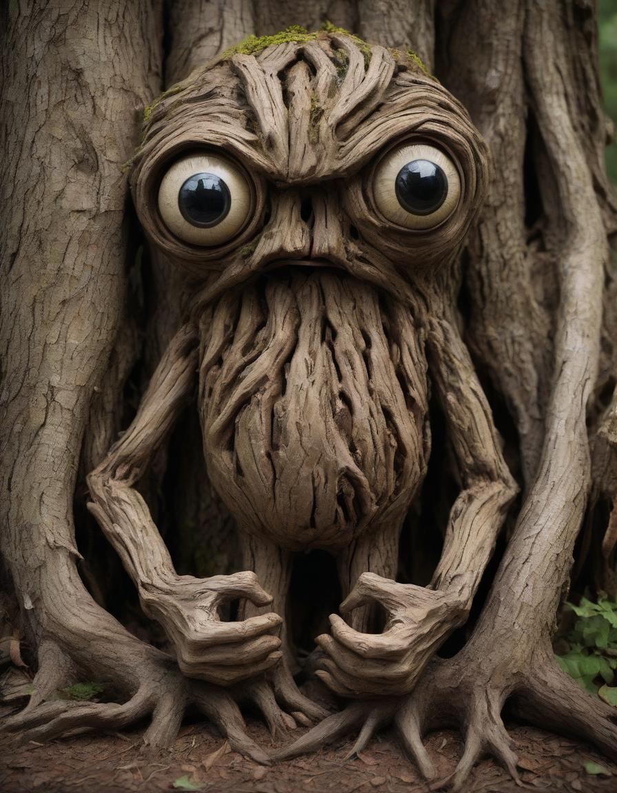  old stocky creature of wood with hands, roots and large eyes