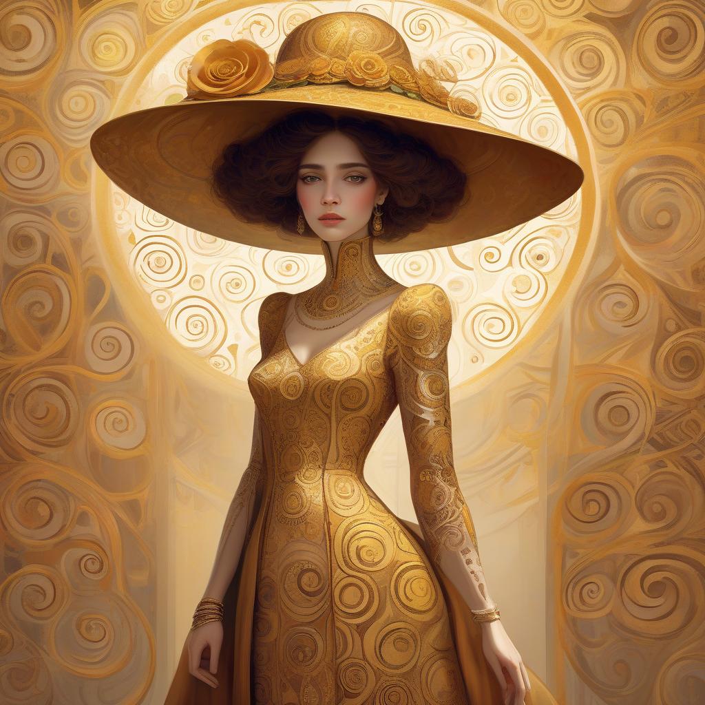  concept art a woman with large, ornate hat and detailed garment in a style reminiscent of gustav klimt's artwork, featuring golden swirls and patterns. woman with a big elegant hat and modest dress with different colours style klimt. warm colours. . digital artwork, illustrative, painterly, matte painting, highly detailed