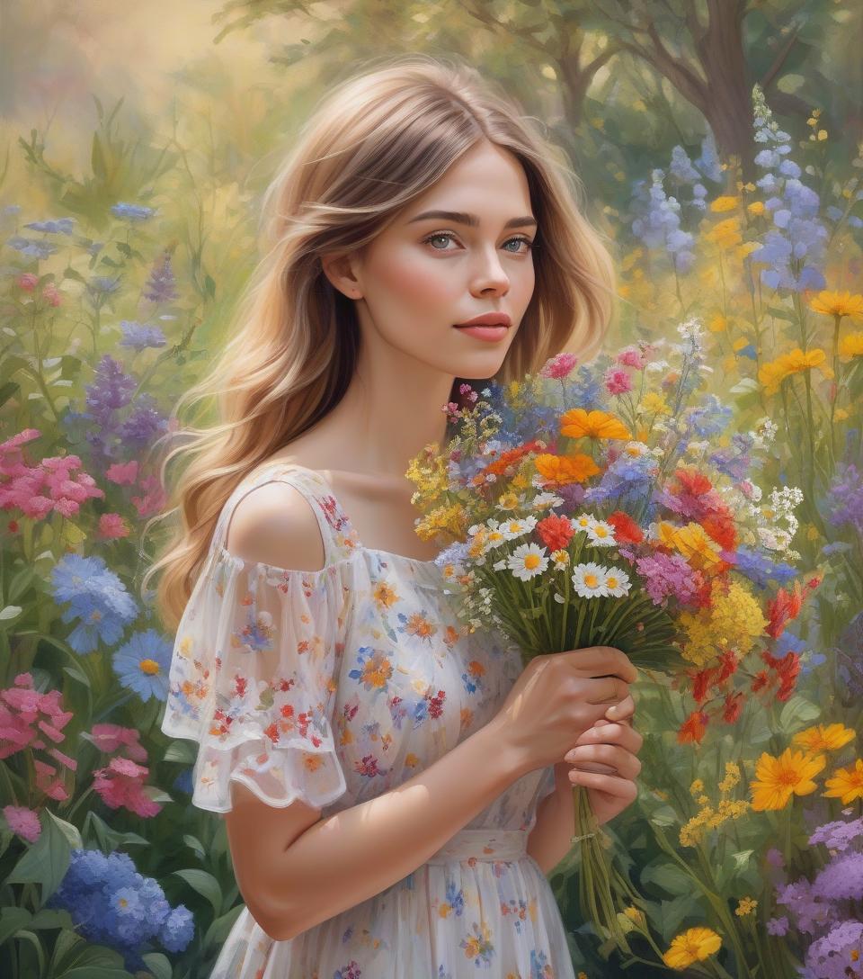  hyperrealistic art garden wonders, beautiful woman holding a bouquet of wild flowers to her face, detailed summer garden background, wearing a summer dress, perfect face, delicate face, vivid colors, happiness, oil painting, expressive brushwork, highly detailed, delicate details . extremely high resolution details, photographic, realism pushed to extreme, fine texture, incredibly lifelike