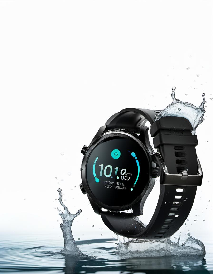  smart watch on a white background, around water splash, film photography style