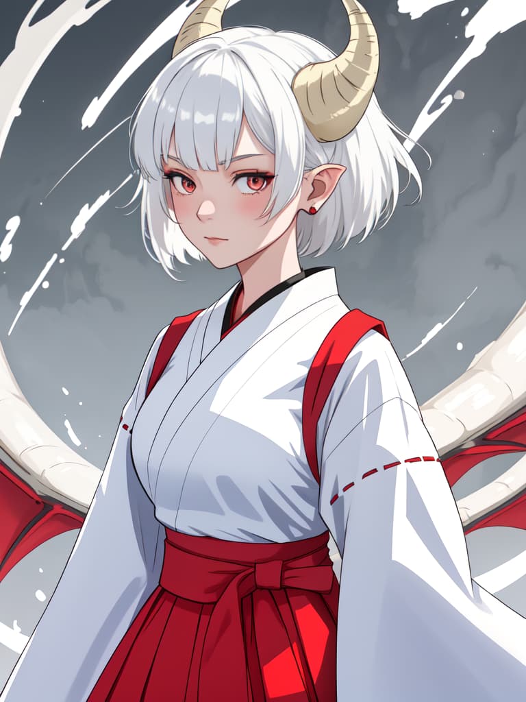  there are horns, girls, sharp ears, hakama, hanging, short hair, white hair, dragon girl, masterpiece, best quality,8k,ultra detailed,high resolution,an extremely delicate and beautiful,hyper detail