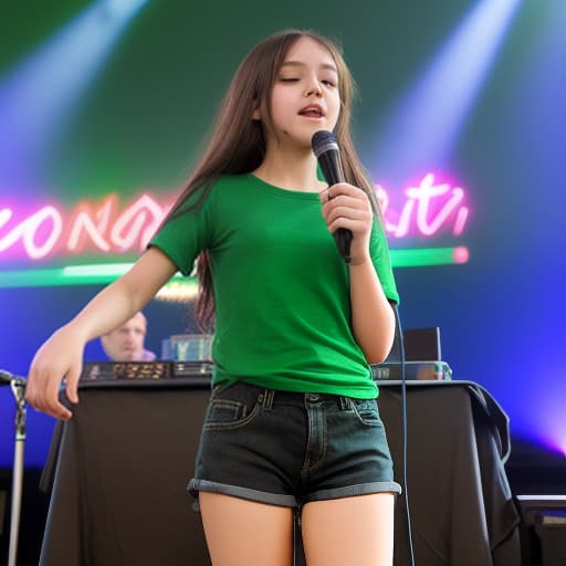  a young beautiful girl in a green shirt stands on stage and performs with a microphone