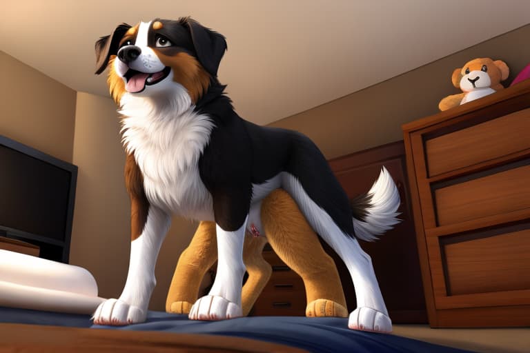  source_furry, , canine s, side view, low angle, from behind position, duo, anthro, female australian shepherd border collie bent over dresser, in air, male beagle mounting female, heavy thrusting, grabbing hips, ( clitoris:1.2), (:1.2), (small, , young:1.2), (flat :1.2), , imminent knotting, furry balls, canine , , room, eager, anticipation, motion lines, dripping , (transforming into plushie), open eyes, digital art, masterpiece, 4k, fine details,