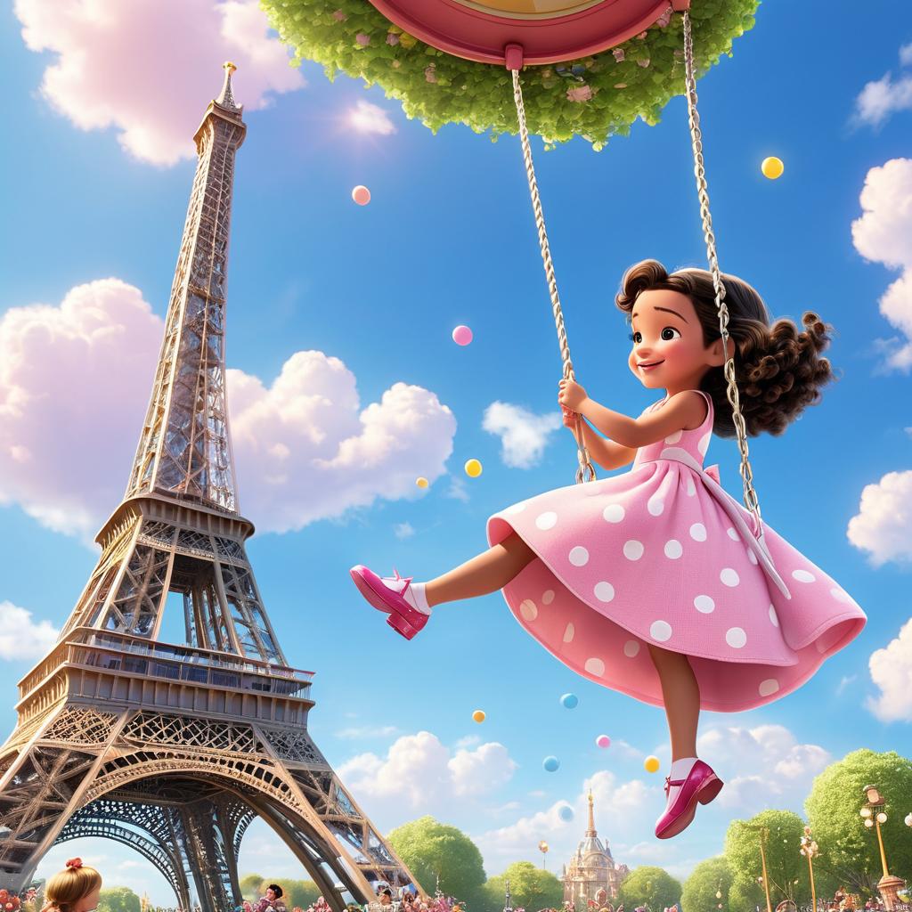  in 3d animated movie style. disney pixar style. paris, in pink dress with white polka dots, friendly yet shy, swinging joyfully. vint playground, sunny day, blue skies, fluffy clouds. high resolution pixar 3d style, soft warm lighting. dynamic side view shows paris swinging high, capturing her joy and busy playground. 16:9 aspect ratio.