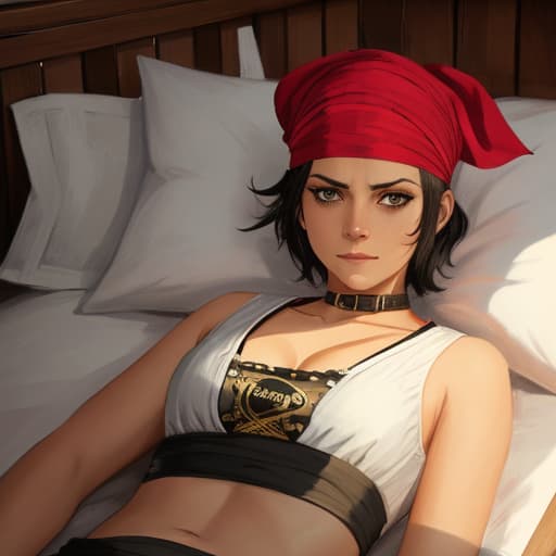  Woman, shaved head, wearing pirate bandana, fever, cooling head, lying in bed, background indoor, expression of distress, pop.