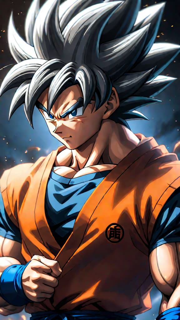  create an anime art of goku from dragon ball evolving into a new, unpredictable transformation beyond ultra instinct. hyperrealistic, full body, detailed clothing, highly detailed, cinematic lighting, stunningly beautiful, intricate, sharp focus, f/1. 8, 85mm, (centered image composition), (professionally color graded), ((bright soft diffused light)), volumetric fog, trending on instagram, trending on tumblr, HDR 4K, 8K