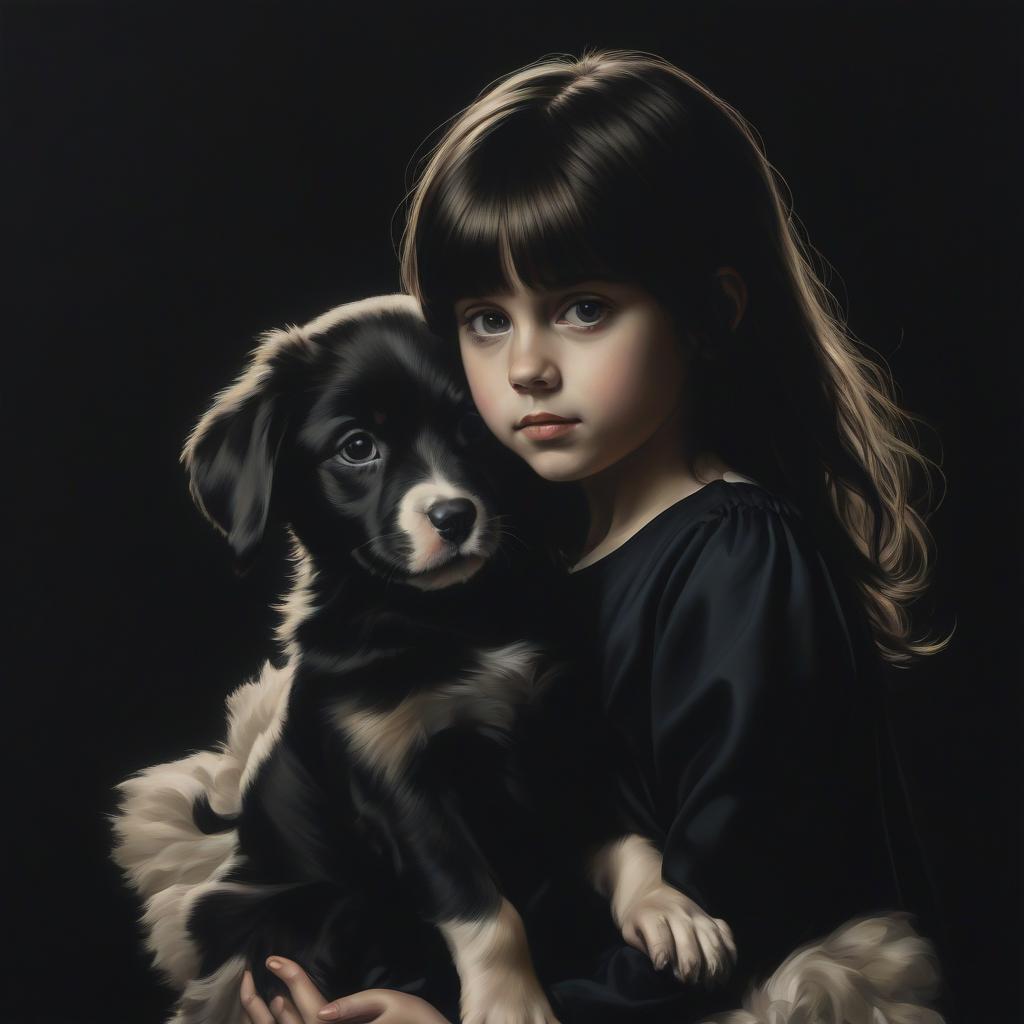  masterpiece. a girl on a black background. a girl with a puppy. graphic painting.