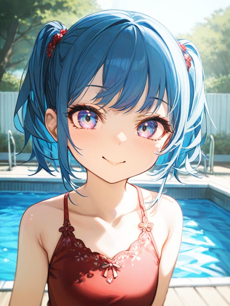  twin tails, blue hair, , infant body, swimwear, pool, gles s, gles s, smiles, ren wearing gles, masterpiece, best quality,8k,ultra detailed,high resolution,an extremely delicate and beautiful,hyper detail