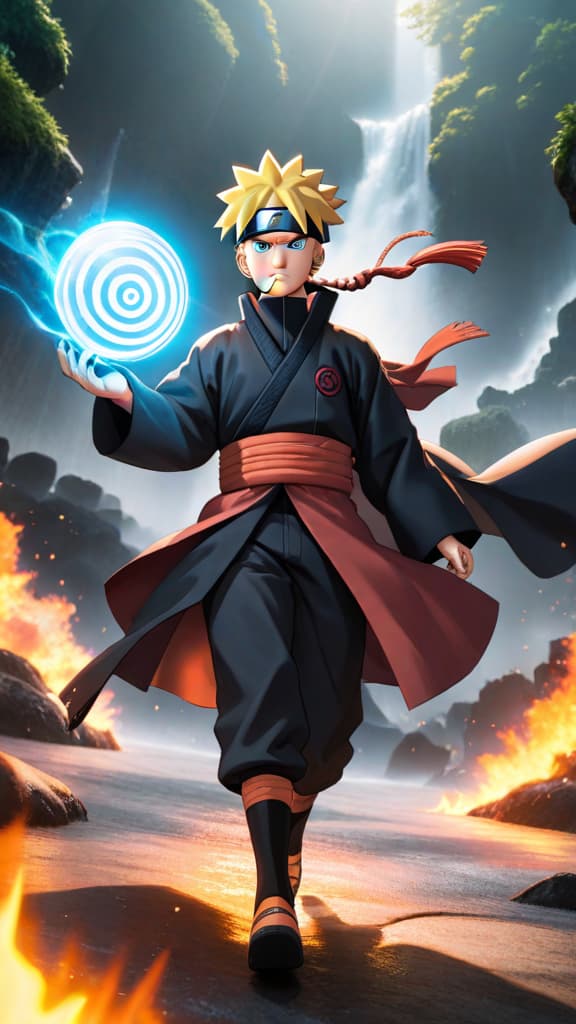  anime art: naruto wields truth seeking orbs against kaguya's attacks, showcasing immense chakra reserves in battle. hyperrealistic, full body, detailed clothing, highly detailed, cinematic lighting, stunningly beautiful, intricate, sharp focus, f/1. 8, 85mm, (centered image composition), (professionally color graded), ((bright soft diffused light)), volumetric fog, trending on instagram, trending on tumblr, HDR 4K, 8K