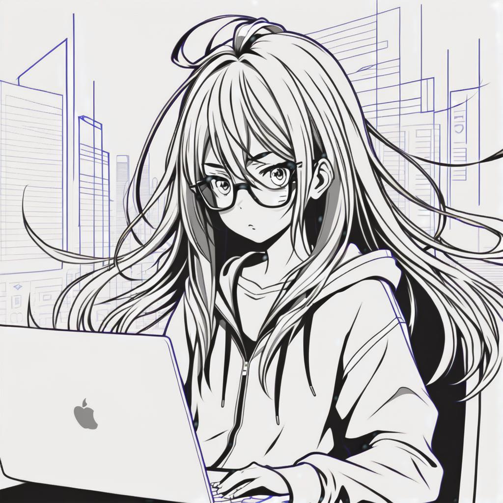  line art drawing hacker girl, long hair, same nightmare. anime style . professional, sleek, modern, minimalist, graphic, line art, vector graphics