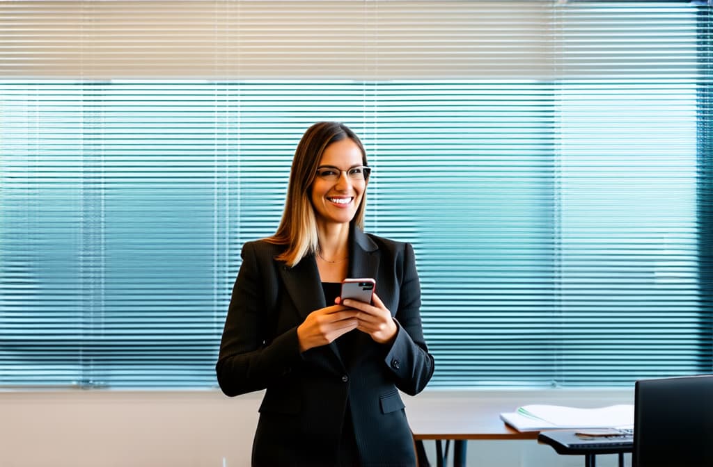  professional detailed photography, portrait of smiling businesswoman standing in open plan office. holding phone. minimalism style. happy female professional executive manager, financial banking or marketing data. ar 3:2, (muted colors, dim colors, soothing tones), (vsco:0.3)