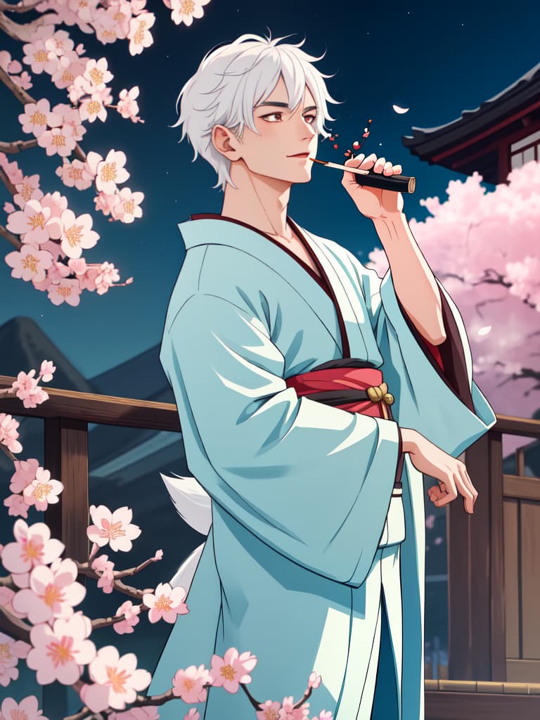  bacco smoking boy, white haired drink boy, cheerful boy, kimono, night cherry blossoms, wolf cut, drinking boy, masterpiece, best quality,8k,ultra detailed,high resolution,an extremely delicate and beautiful,hyper detail