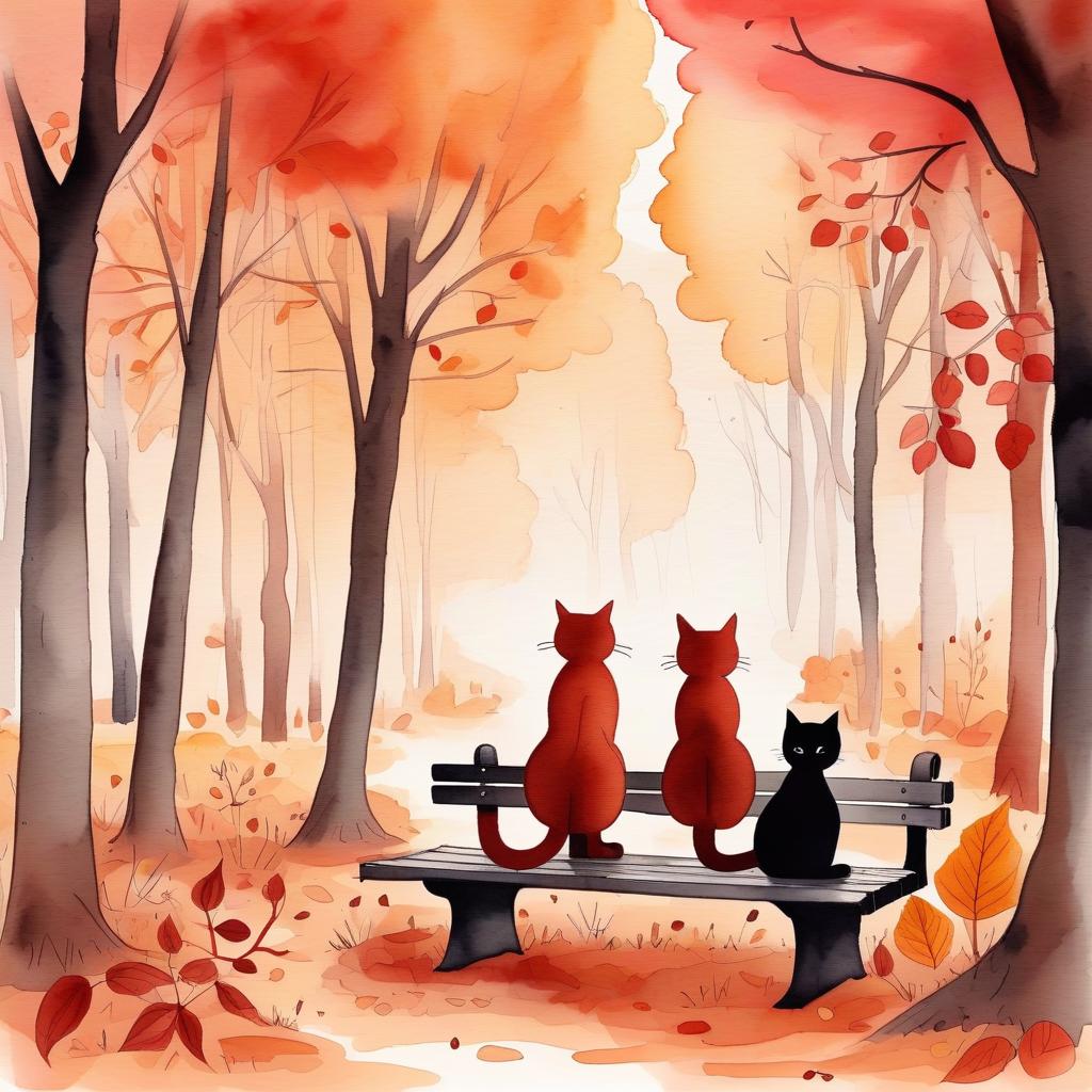  typographic art (painted) (watercolor) cute autumn forest background, autumn forest, soft shades, thin (ink outlines), objects on the edges of the sheet, many details, masterpiece, harmonious composition, autumn evening in a chestnut park, red brown colors, two cats are sitting on a bench, one cat is black and red, the second cat is white and red, the cats touch each other with their noses . stylized, intricate, detailed, artistic, text based