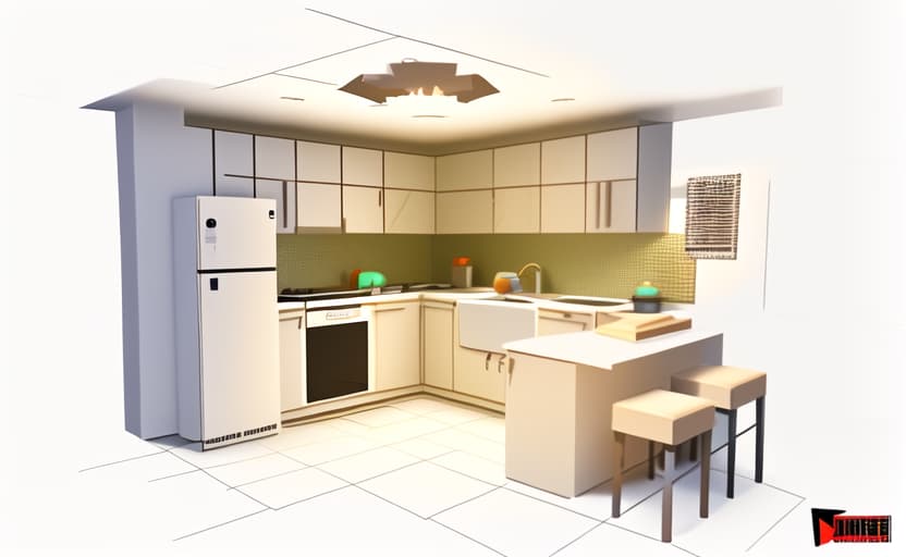  low poly style kitchen. low poly game art, polygon mesh, jagged, blocky, wireframe edges, centered composition