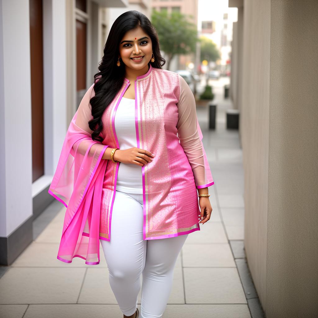  a Desi Indian plus -size woman cute smile , rocking a pink kurta and white tite leggings. hot and stylish. leg exposed., hyperrealistic, high quality, highly detailed, cinematic lighting, intricate, sharp focus, f/1. 8, 85mm, (centered image composition), (professionally color graded), ((bright soft diffused light)), volumetric fog, trending on instagram, HDR 4K, 8K