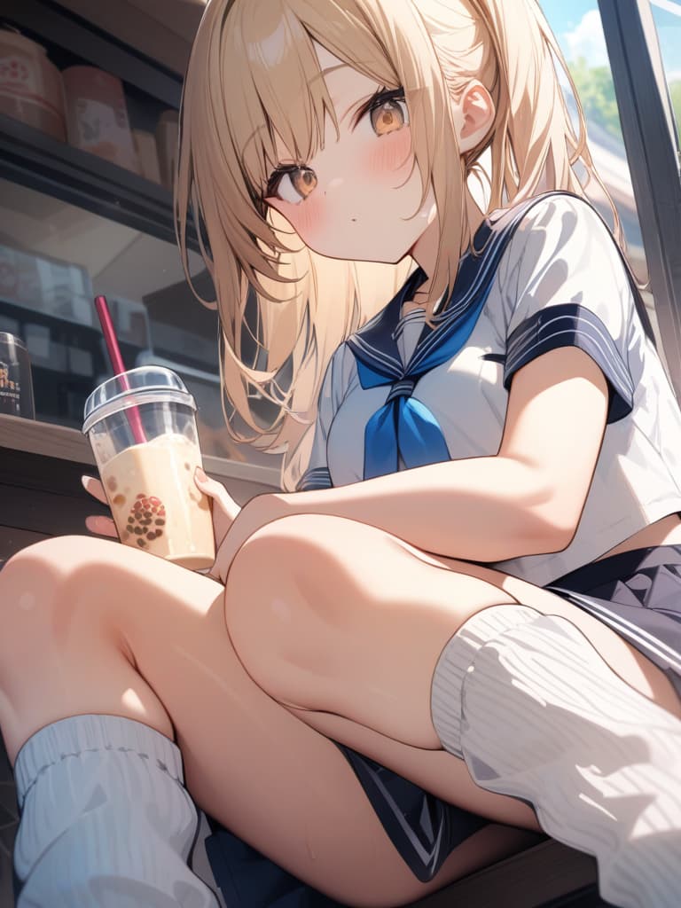  junior high school students, loose socks, sailor uniforms, loafers, blonde, tapioca milk tea, beige eyes, girls, cafes, masterpiece, best quality,8k,ultra detailed,high resolution,an extremely delicate and beautiful,hyper detail