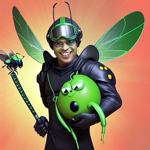  cute cartoon insect beetle character with a green body, big expressive eyes and a smile on his lips. on his head he has a huge brown helmet with goggles, giving him an adventurous look. the insect beetle stands confidently holding a blaster, he has graceful wings and long tendrils. the background is simple and bright inside the starship to emphasize the charm of the funny character with the weapon.