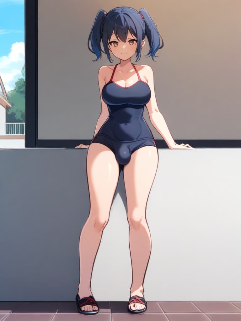  women's elementary (male), twin tails, cute smiles, rich s, low stature, dark blue swimwear, old , , simple, (swelling), (bulge), front, whole body, pool side,