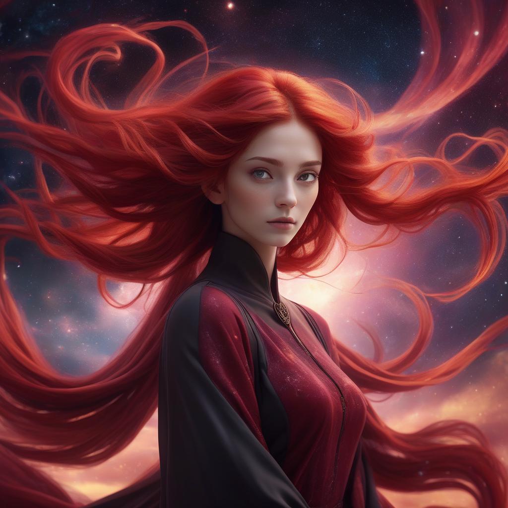  serene woman, long **crimson red hair** merging into cosmic winds, symbolizes aries, calm and bold expression, soft luminous skin, cosmic sky background, **deep red and black hues** with swirling galaxies, mystical atmosphere, eyes with a powerful, daring glow, hidden strength, courage, **crimson and black tones** in clothing, and **red light** illumination, 4k digital artwork, ultra realistic, high definition.