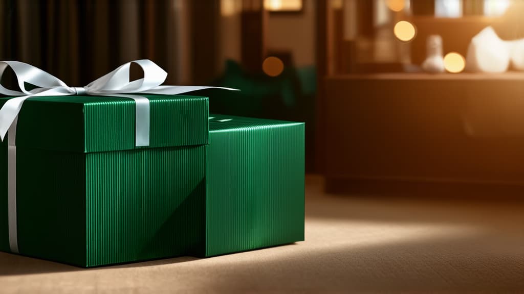  cinematic film style, dark green gift boxes with white ribbons on the background of a room with a modern interior, holiday, gifts ar 16:9, shallow depth of field, vignette, maximum details, high budget hollywood movie, bokeh, cinemascope, moody, epic, gorgeous, sun rays and shadows on furniture and surfaces, flattering light, raw photo, photography, photorealistic, 8k resolution, f1.4, sharpened focus, sharp focus