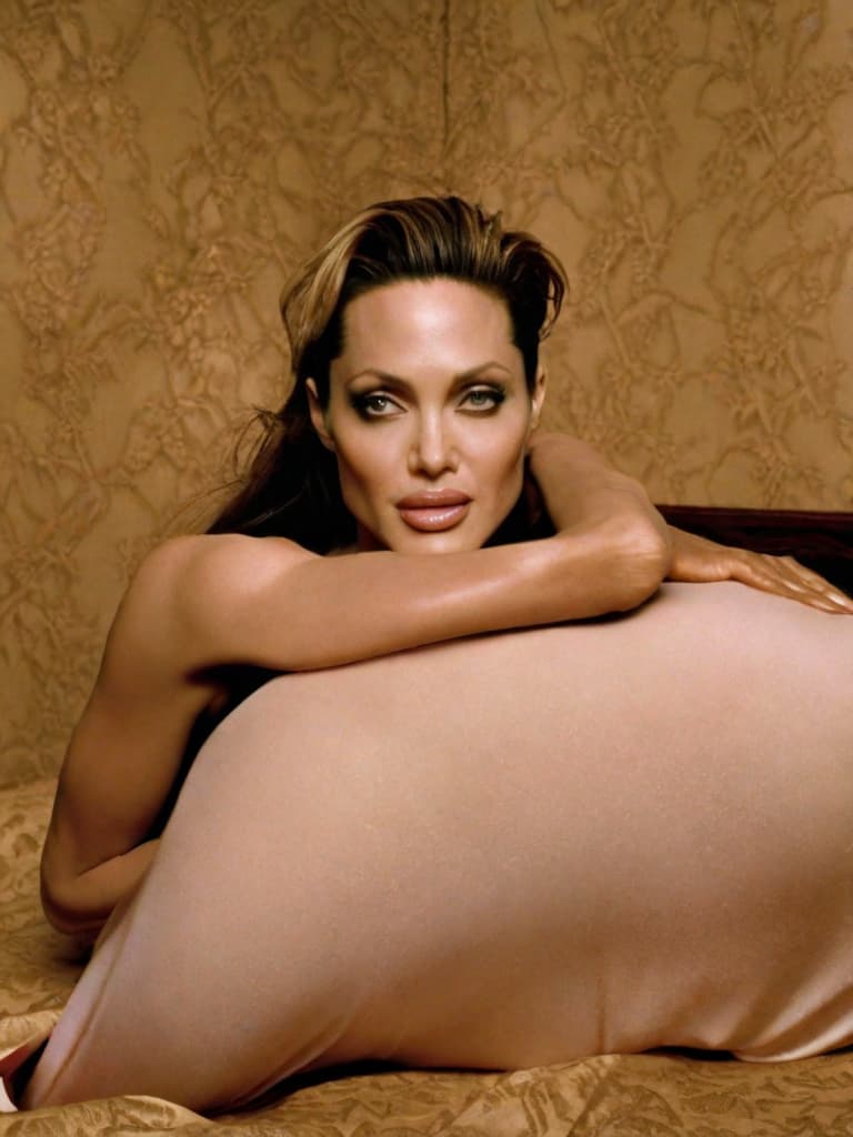  Angelina Jolie, no clothing, laying on a bed in suggestive poses