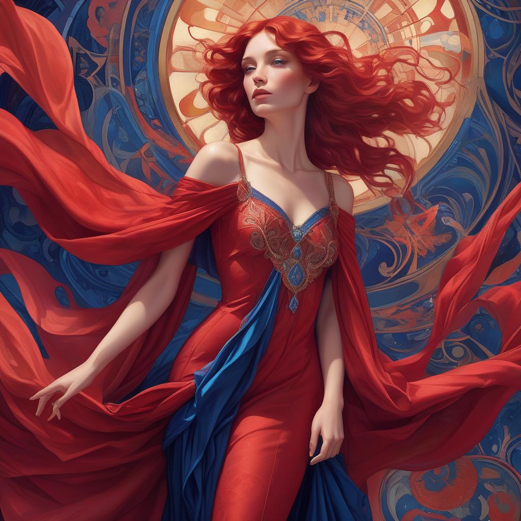  hyperrealistic art mage crimson (painting of a well endowed woman in a striking red dress), vibrant, flowing red hair, red cape draping elegantly, (deep blue psychedelic background), surreal forms and patterns intertwining, created in the style of alphonse mucha, rich color saturation, ethereal and dreamlike atmosphere, (intricate textures), visually captivating, 4k quality, poster art aesthetic. . extremely high resolution details, photographic, realism pushed to extreme, fine texture, incredibly lifelike