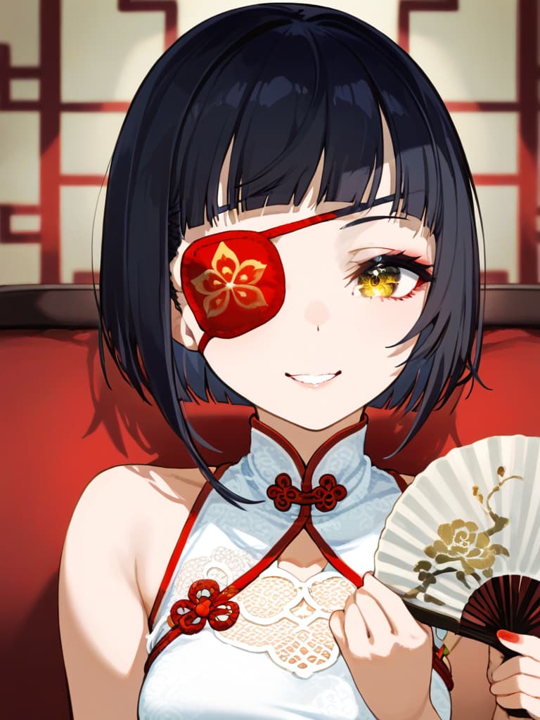  ultra detailed:1.2,masterpiece:1.2,best quality,masterpiece,bestquality,hdr:1.1,8k:1.1,very cute girl:1.3,(black hair,bob cut,long hair,blunt bangs:1.4),((white china dress,japonica pattern:1.5)),(chinaese makeup:1.6),((redrose object eyepatch:1.6))(seductive smile,grin:1.1),(sitting couch:1.3)((cross legs:1.3)),(head rest:1.3),(holding open handfan:1.7)(upper body,face focus:1.4)