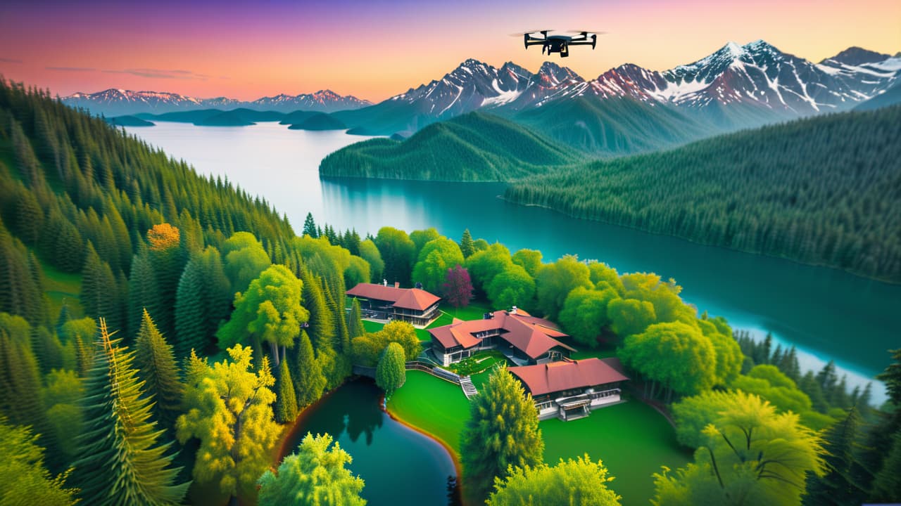  a vibrant aerial view showcasing a variety of high quality drones in a picturesque landscape, surrounded by lush greenery, mountains, and a serene lake, with sunlight reflecting off the water, emphasizing their sleek designs. hyperrealistic, full body, detailed clothing, highly detailed, cinematic lighting, stunningly beautiful, intricate, sharp focus, f/1. 8, 85mm, (centered image composition), (professionally color graded), ((bright soft diffused light)), volumetric fog, trending on instagram, trending on tumblr, HDR 4K, 8K